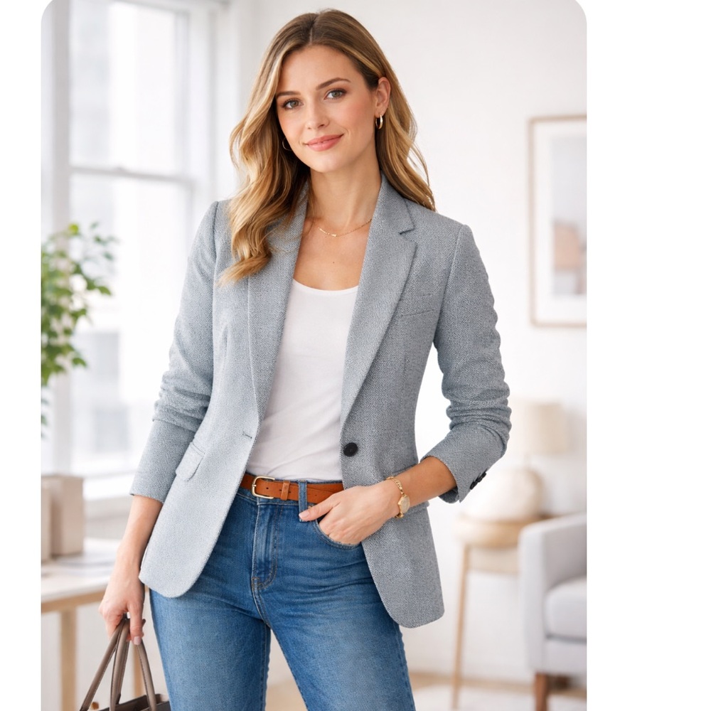 J. Crew Factory Blue Herringbone One Button Blazer Linen Cotton Preppy Size 8
